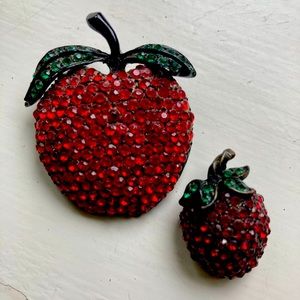 2! Weiss 1950s Apple Pins Pavé Style Red Rhinestones Designer Signed Weiss pin